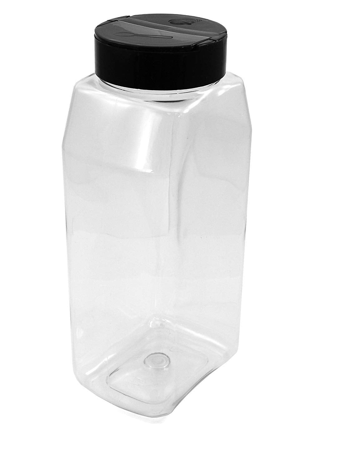 Clear plastic container with a black lid on a white background