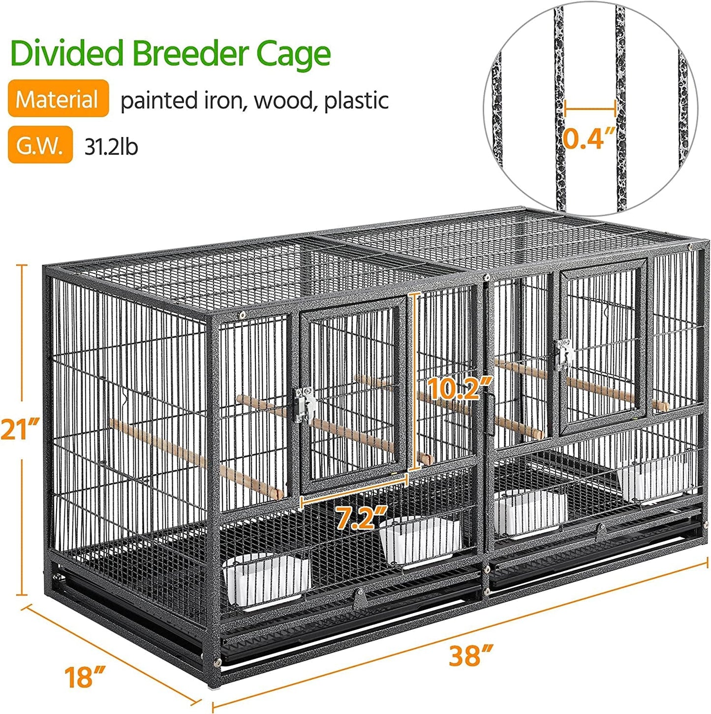 Divided breeder cage with dimensions and material details on a white background
