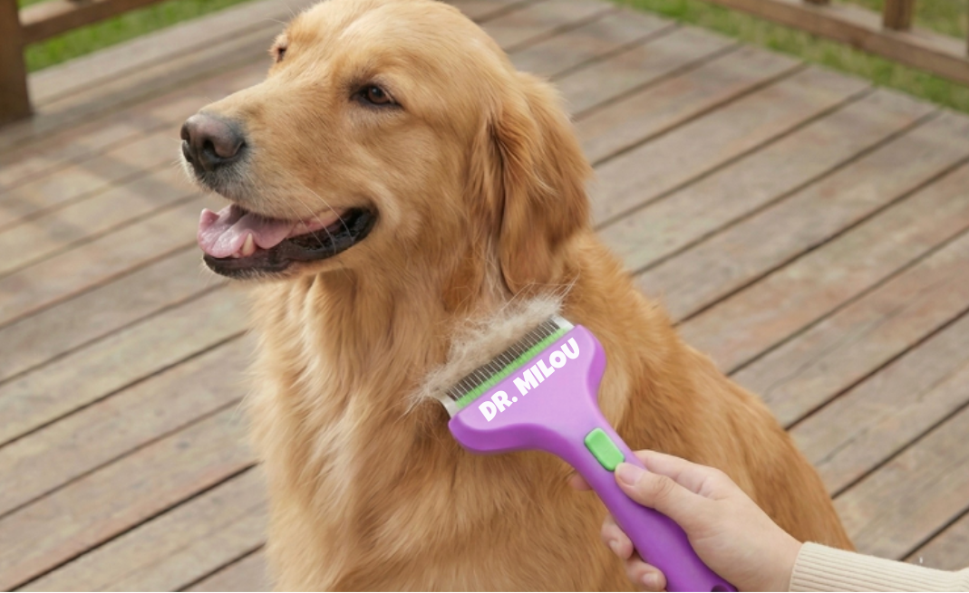 Dog being groomed with a purple grooming tool on a wooden deck