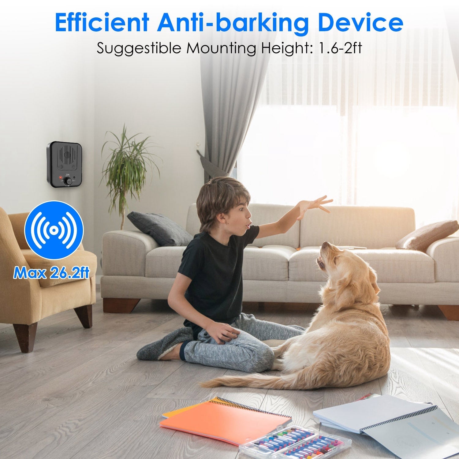 Child sitting on the floor with a dog, with an 'Efficient Anti-barking Device' mounted on the wall in the background.