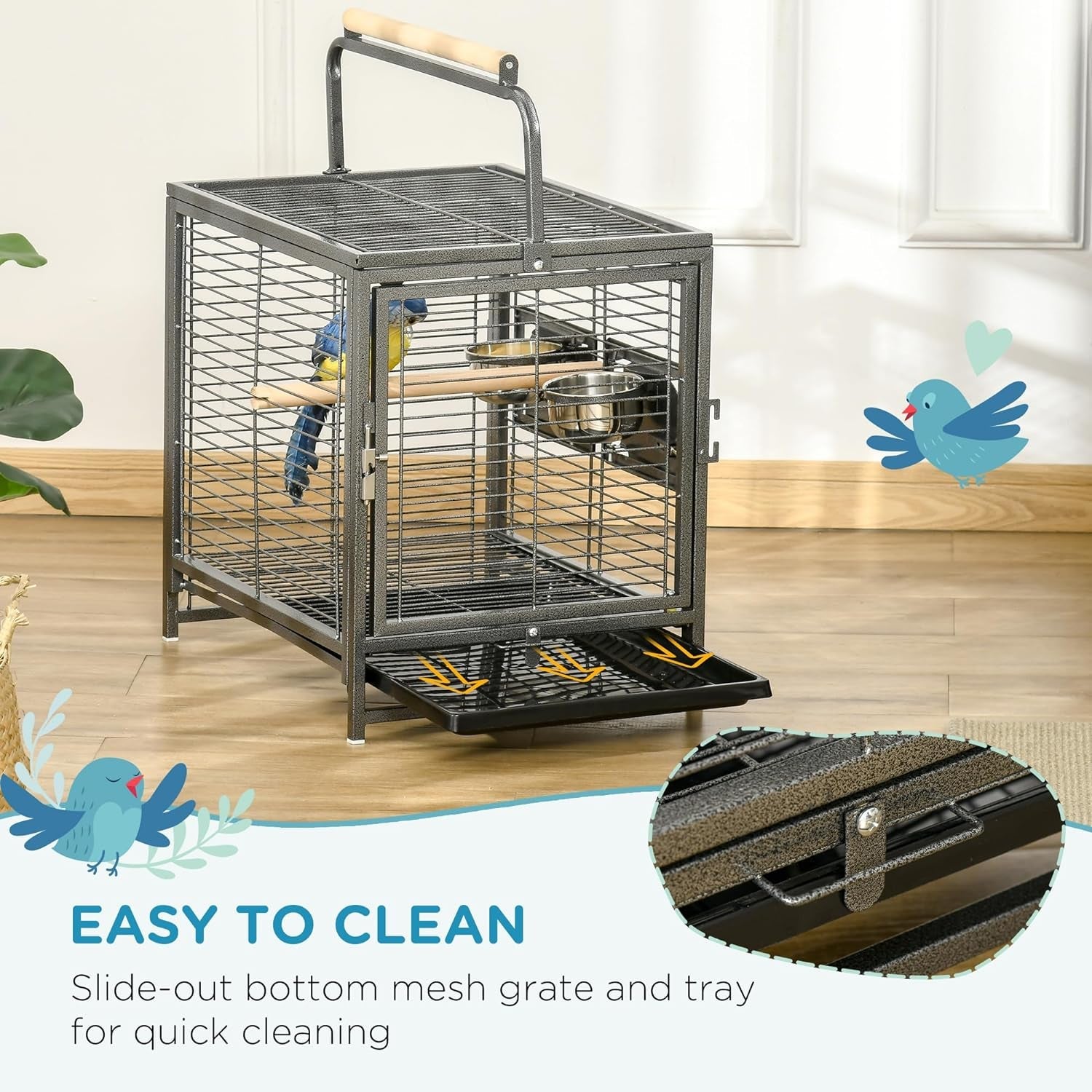 Pet cage with slide-out bottom mesh grate and tray on a wooden floor.