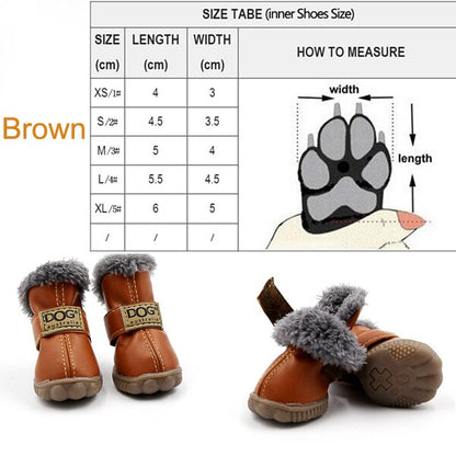 Brown pet boots with fur lining and size chart on a white background