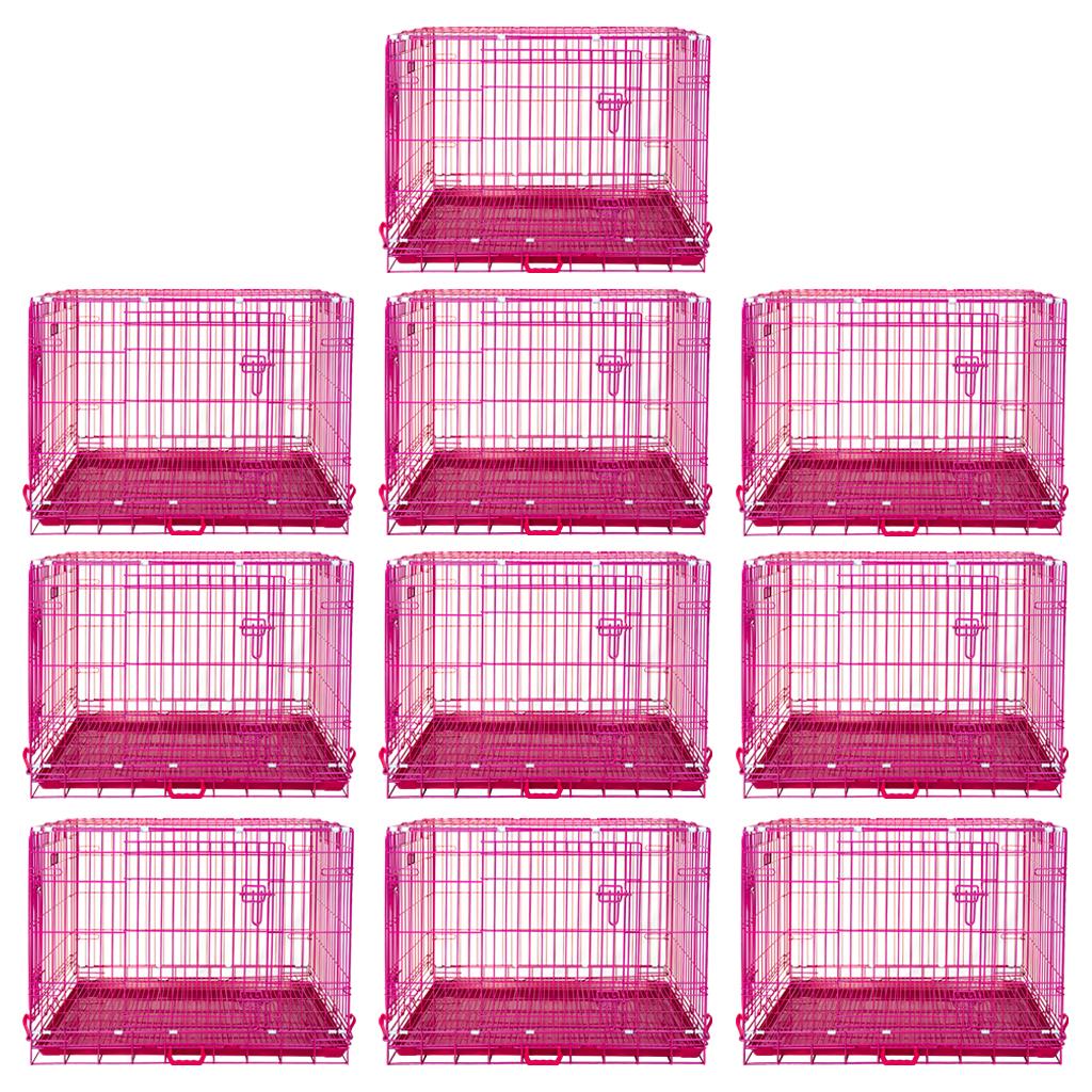 Nine pink pet crates arranged in a 3x3 grid on a white background.