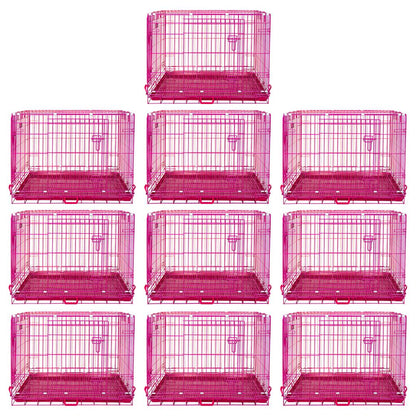 Nine pink pet crates arranged in a 3x3 grid on a white background.