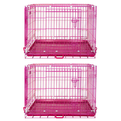 Two pink metal dog crates on a white background