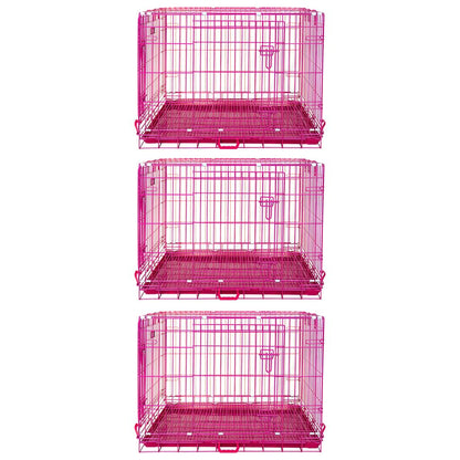 Set of three pink metal pet crates on a white background
