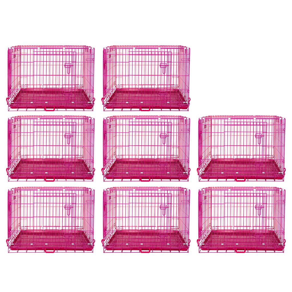 Nine pink pet crates arranged in a 3x3 grid on a white background