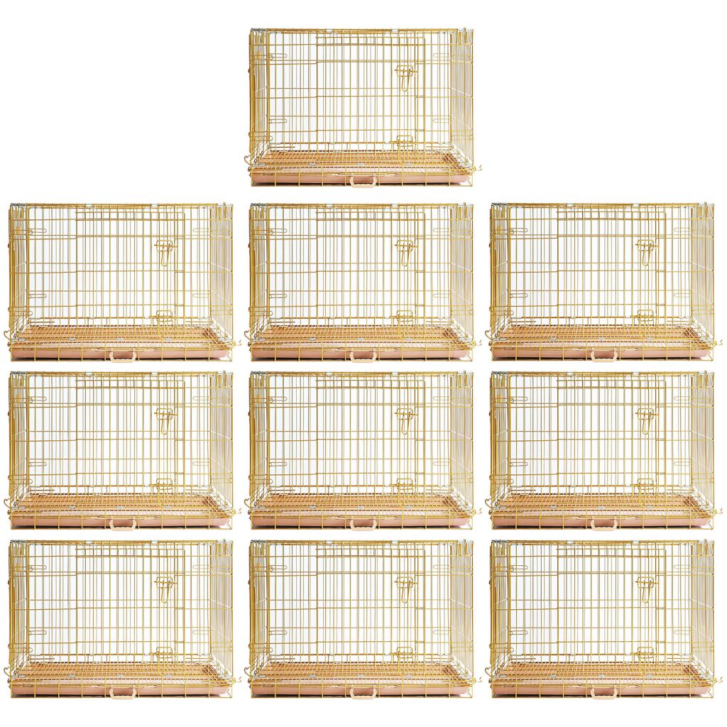 Nine gold bird cages arranged in a 3x3 grid on a white background