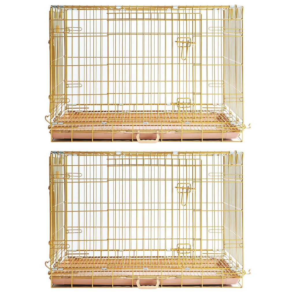 Two gold wire pet cages on a white background