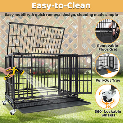 Large black metal dog crate with features highlighted on a grassy background