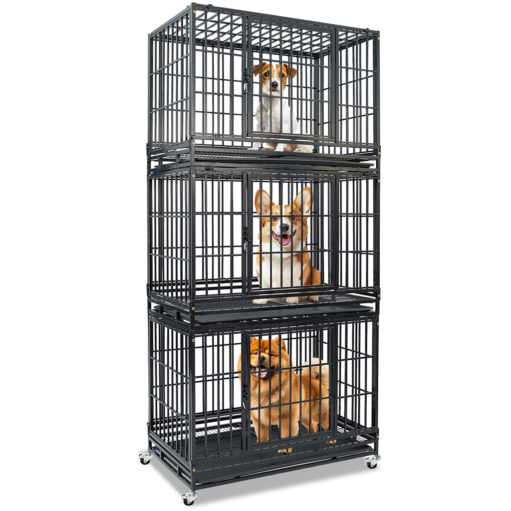 Stack of black metal dog cages with dogs inside on a white background