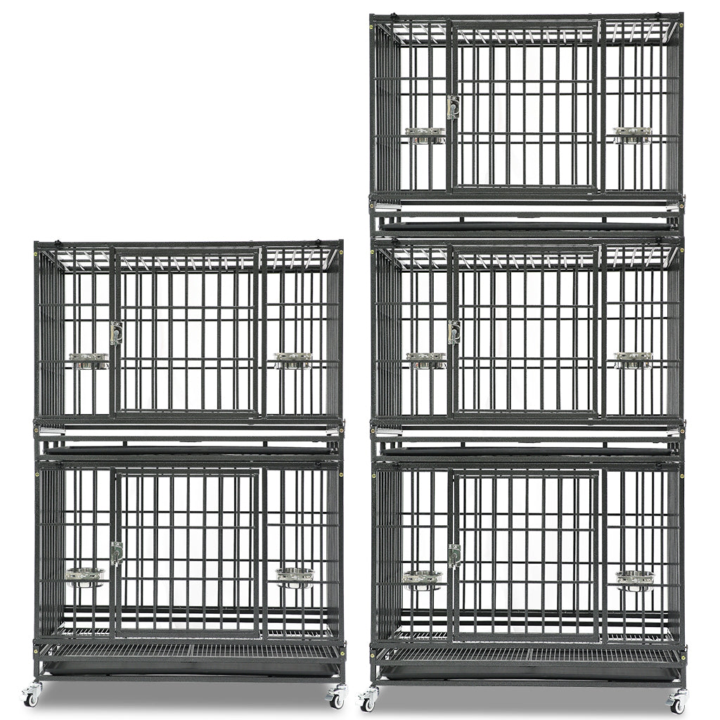 Set of black metal dog crates stacked on a white background