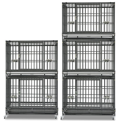 Set of black metal dog crates stacked on a white background