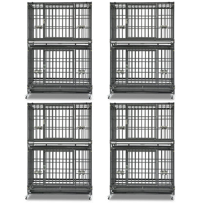 Set of six black metal dog crates stacked on a white background