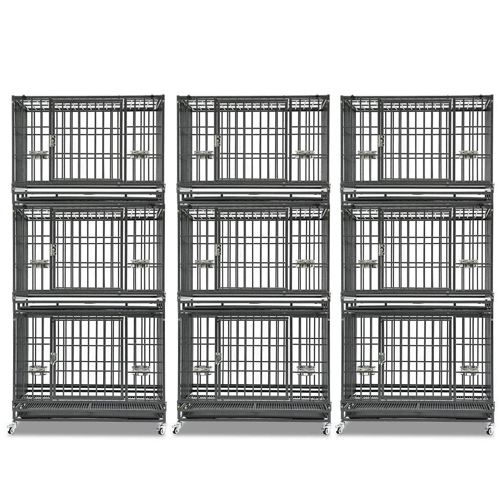 Set of six black metal dog crates stacked on a white background