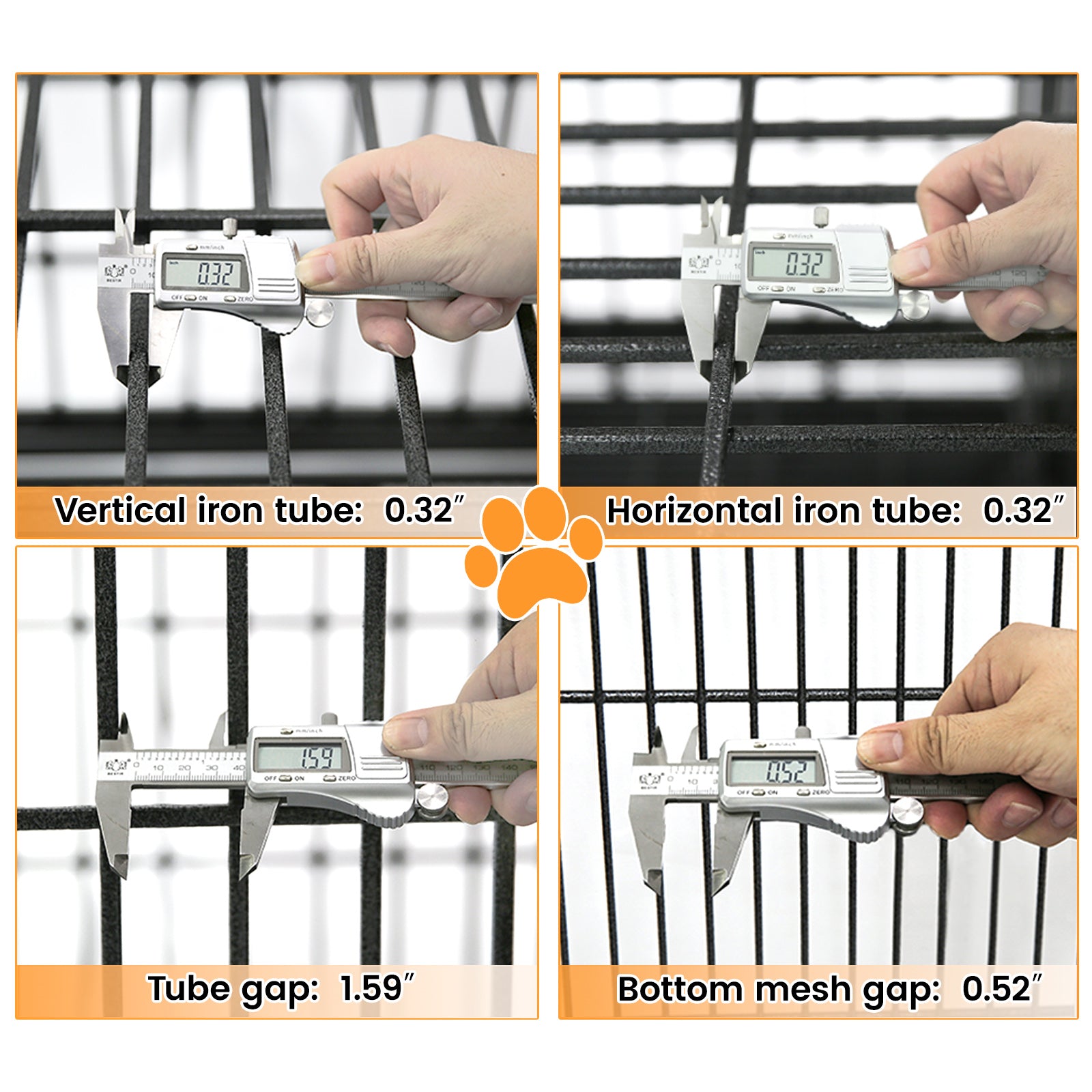Digital calipers measuring a wire mesh structure with labeled gaps.