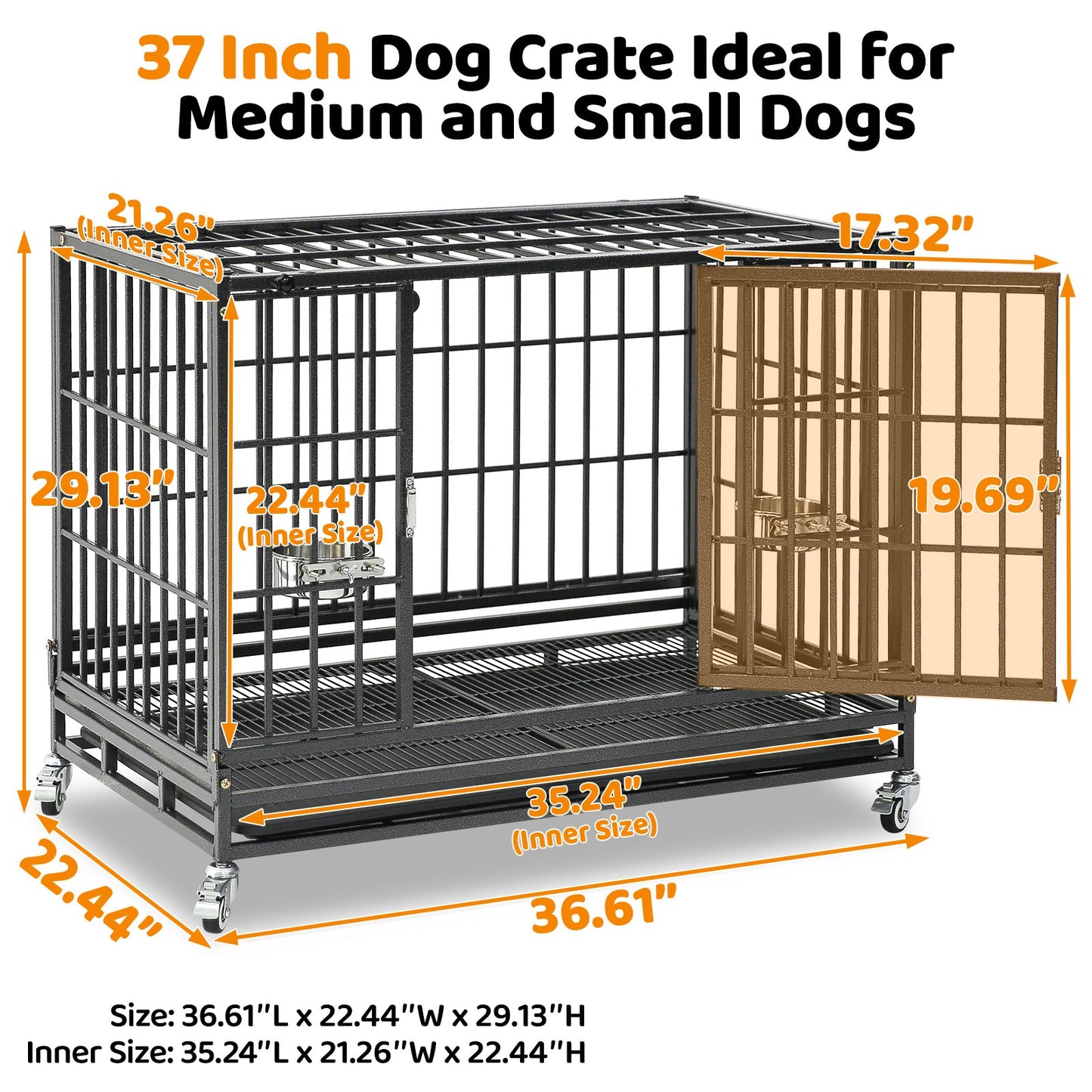 Dog crate with dimensions labeled on a white background