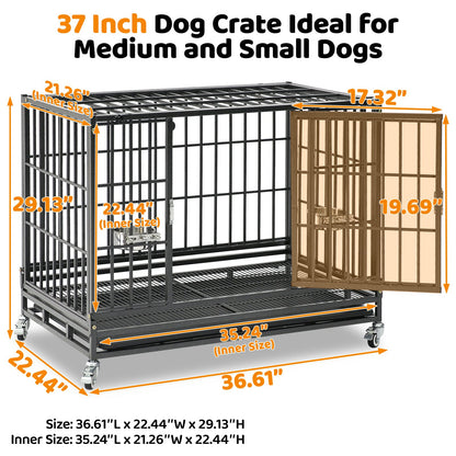 Dog crate with dimensions labeled on a white background
