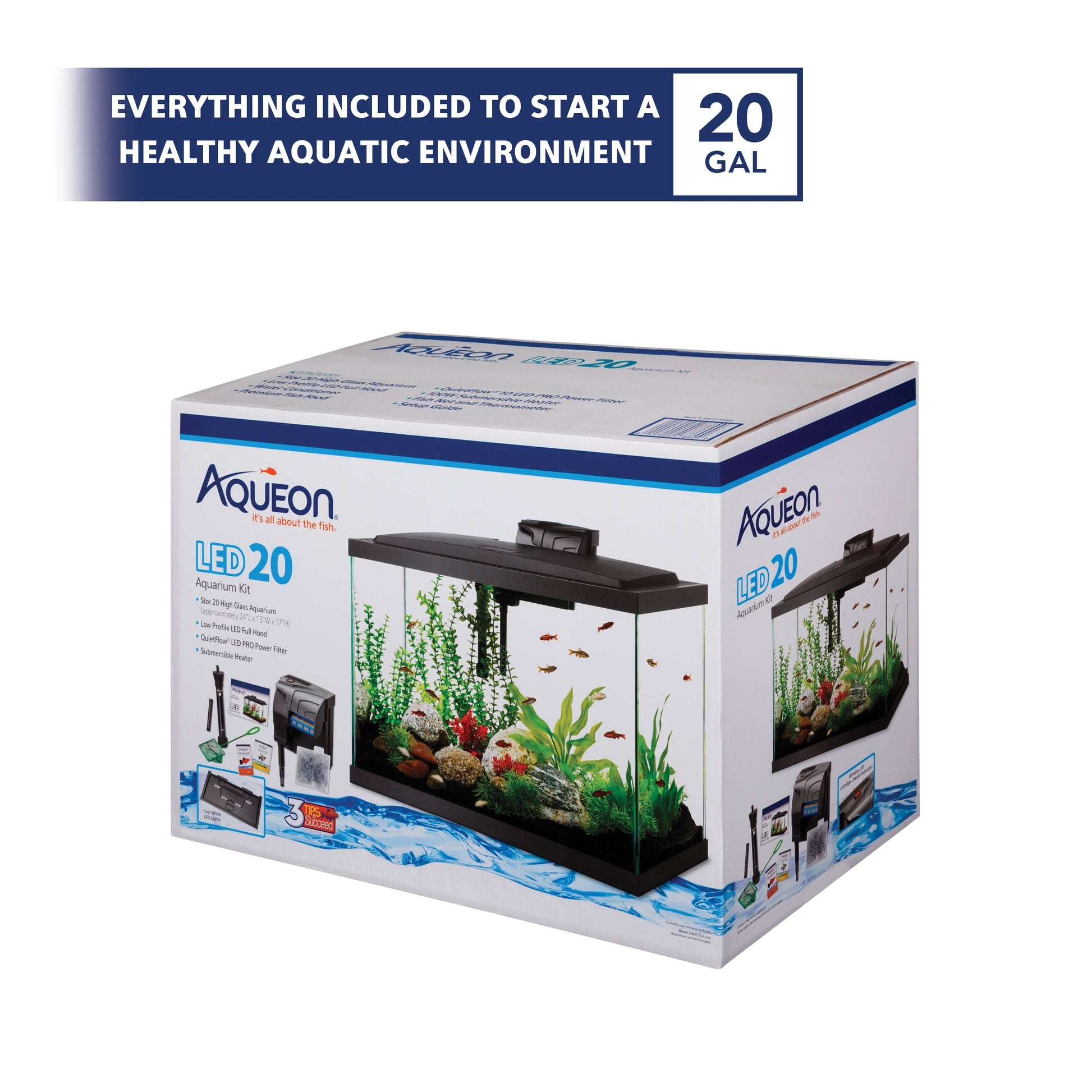 Aqueon 20-gallon aquarium kit packaging with product image and branding on a white background.