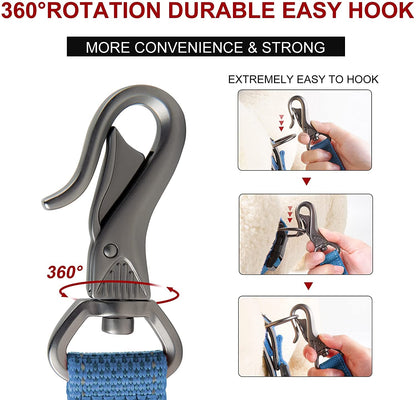 360-degree rotation durable easy hook with blue strap and usage instructions on a white background