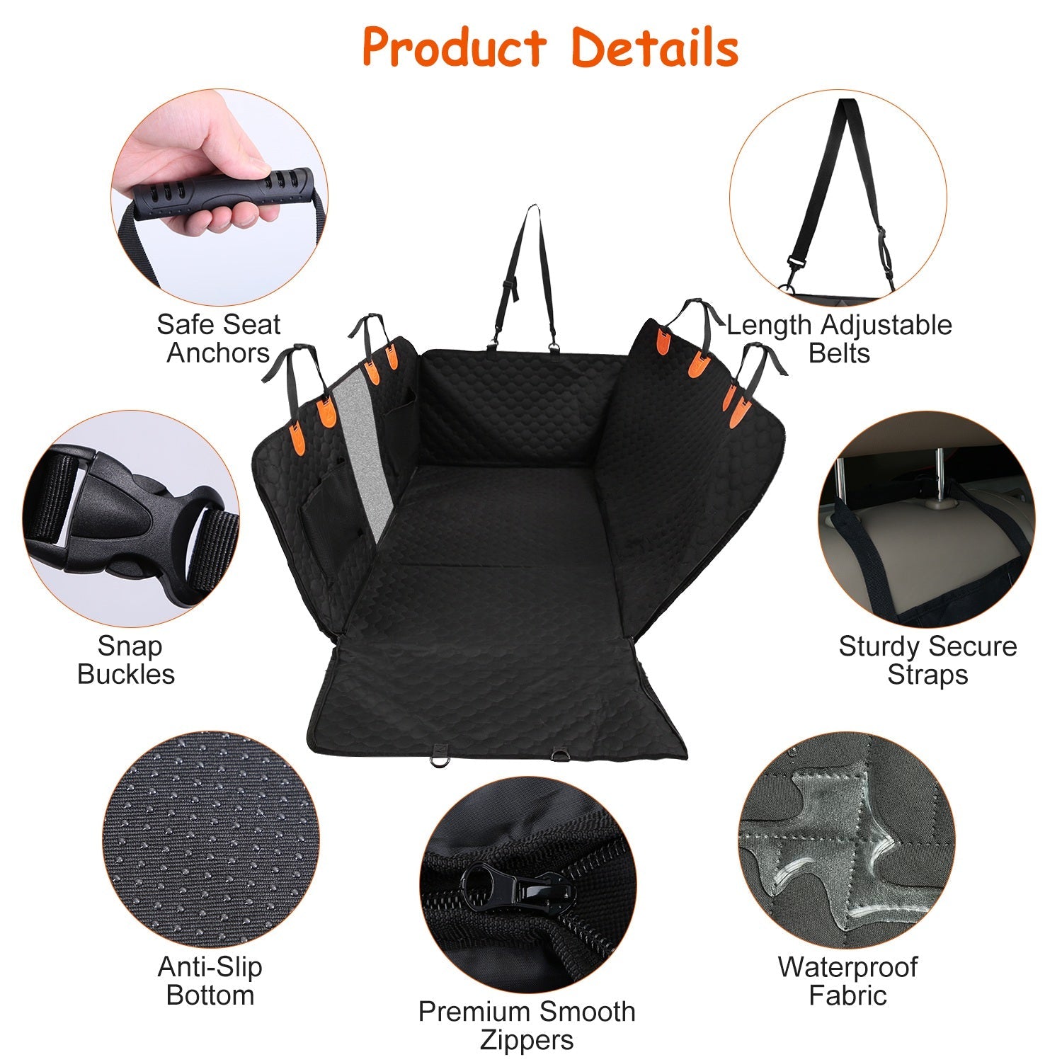 Car seat cover with various features highlighted on a white background