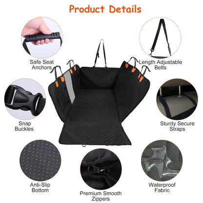 Car seat cover with various features highlighted on a white background