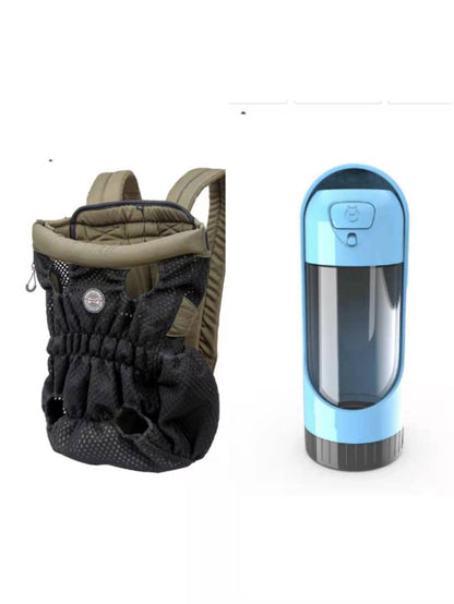Pet carrier and blue cylindrical device on a white background