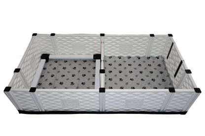 Pet playpen with paw print design on a white background
