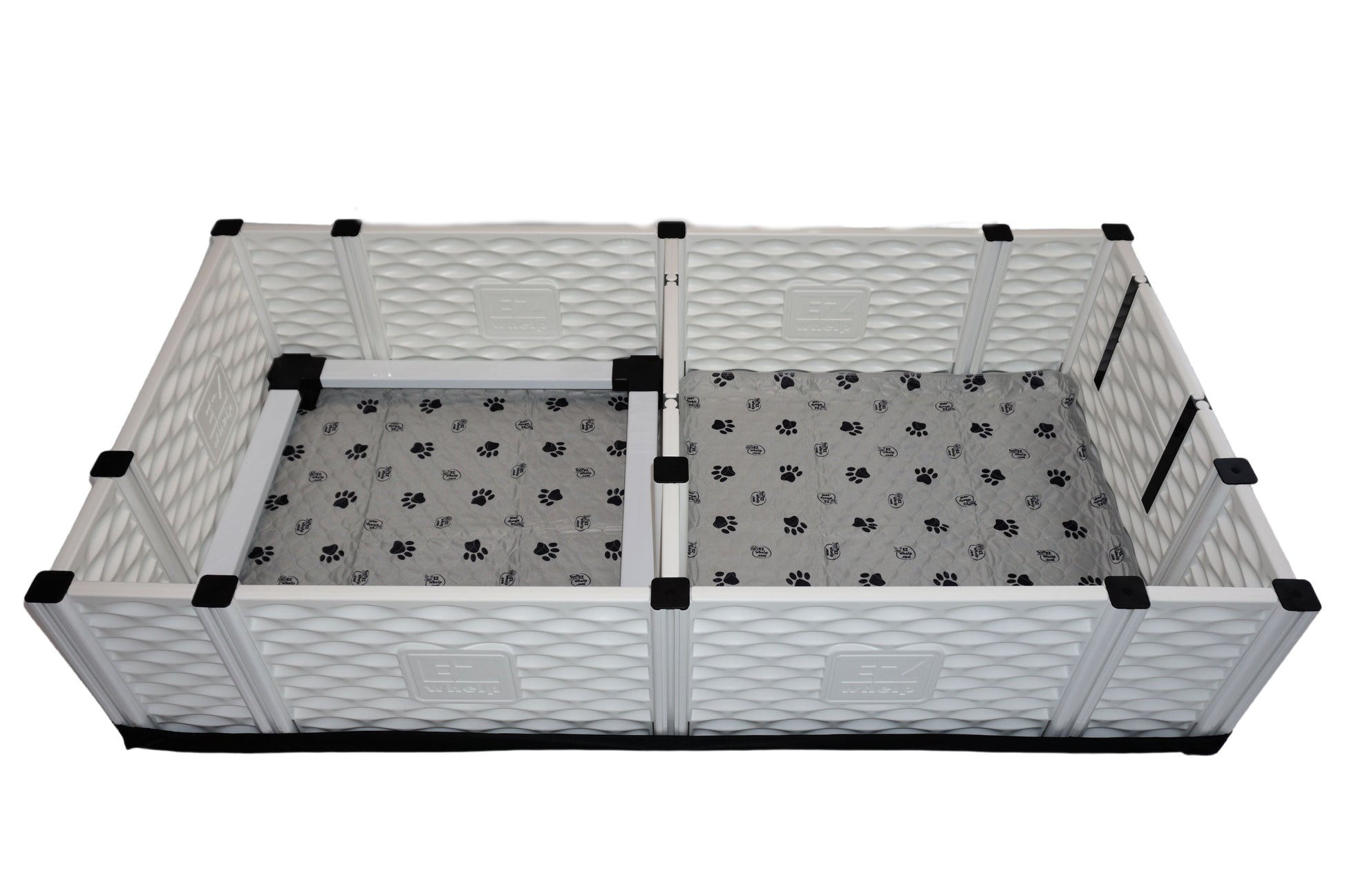 Pet playpen with paw print design on a white background