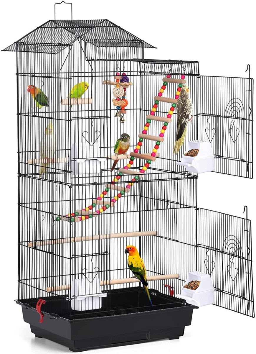 Bird cage with multiple birds perched on various levels, including a ladder and toys.