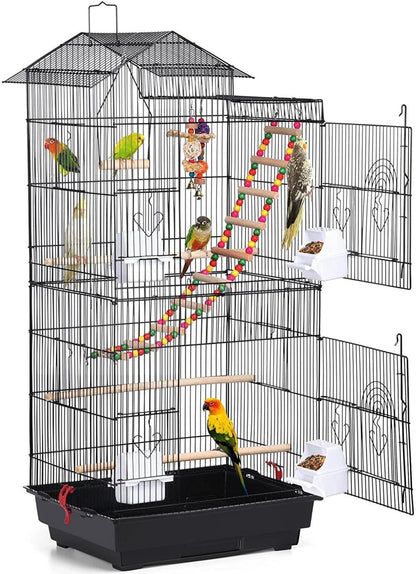 Bird cage with multiple birds perched on various levels, including a ladder and toys.