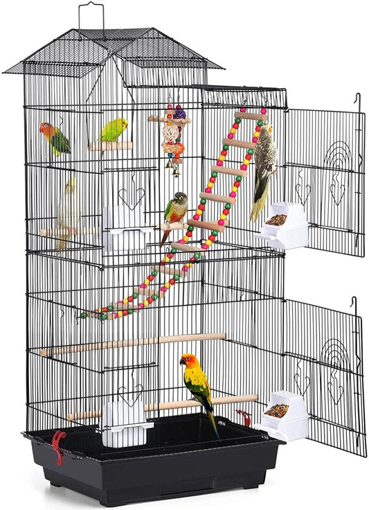 Bird cage with multiple birds perched on various levels, including a ladder and toys.