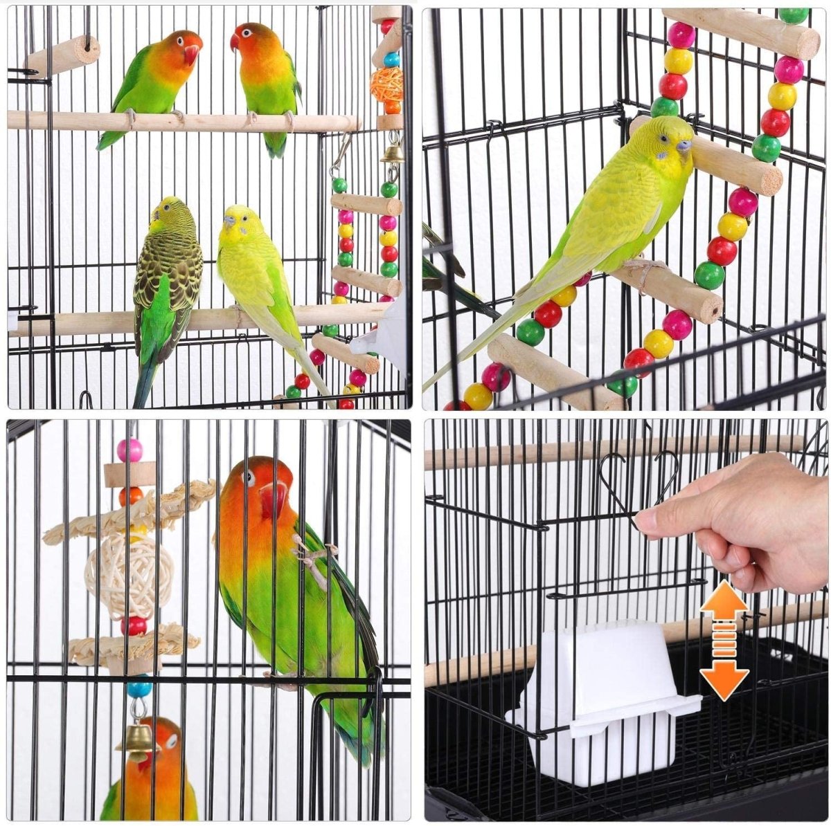 Collage of birds in a cage with perches and colorful toys.