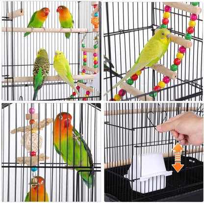 Collage of birds in a cage with perches and colorful toys.