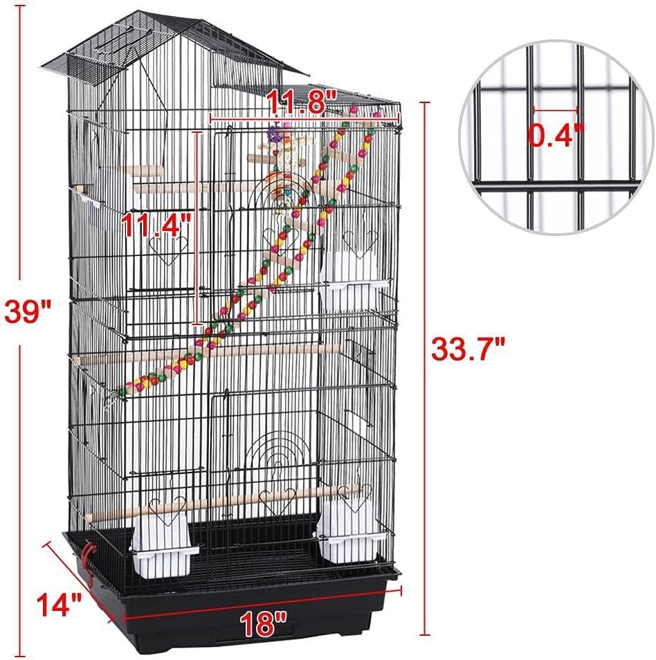 Bird cage with dimensions labeled on a white background