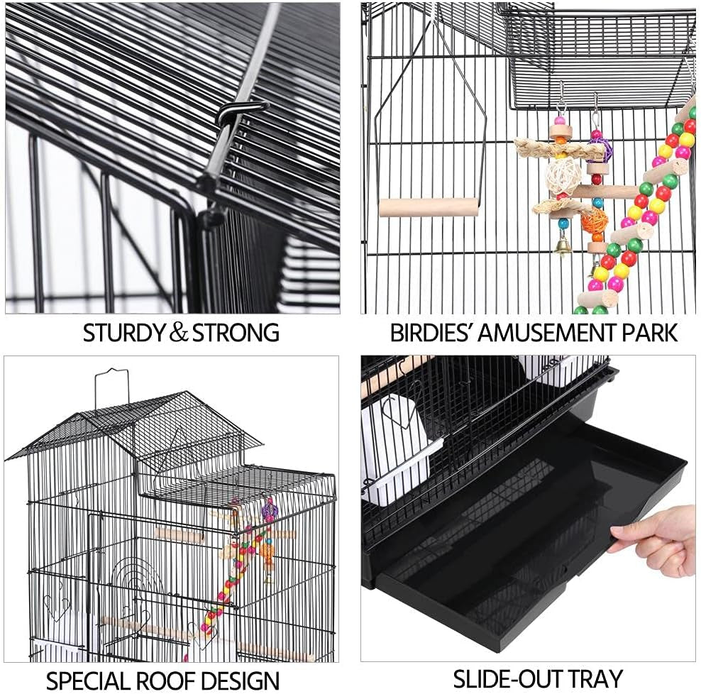 Bird cage with features highlighted, including a slide-out tray and special roof design.