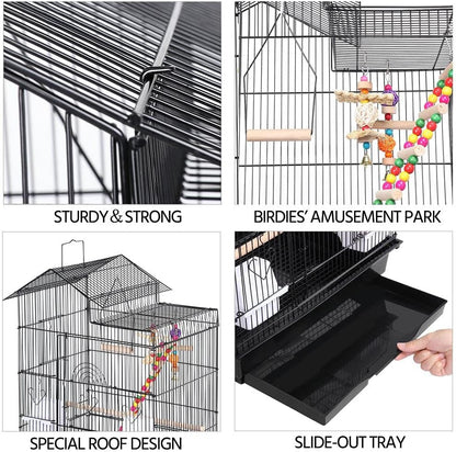 Bird cage with features highlighted, including a slide-out tray and special roof design.