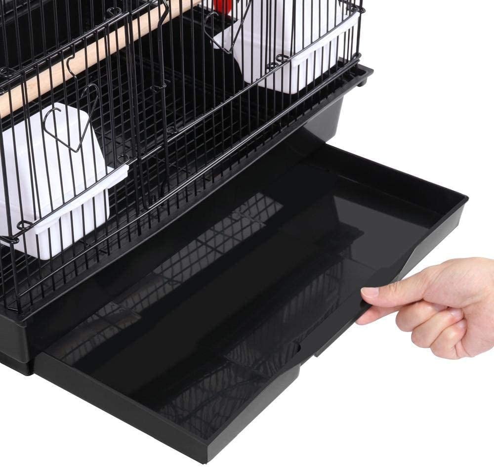 Pet cage with a transparent tray being held open by a hand