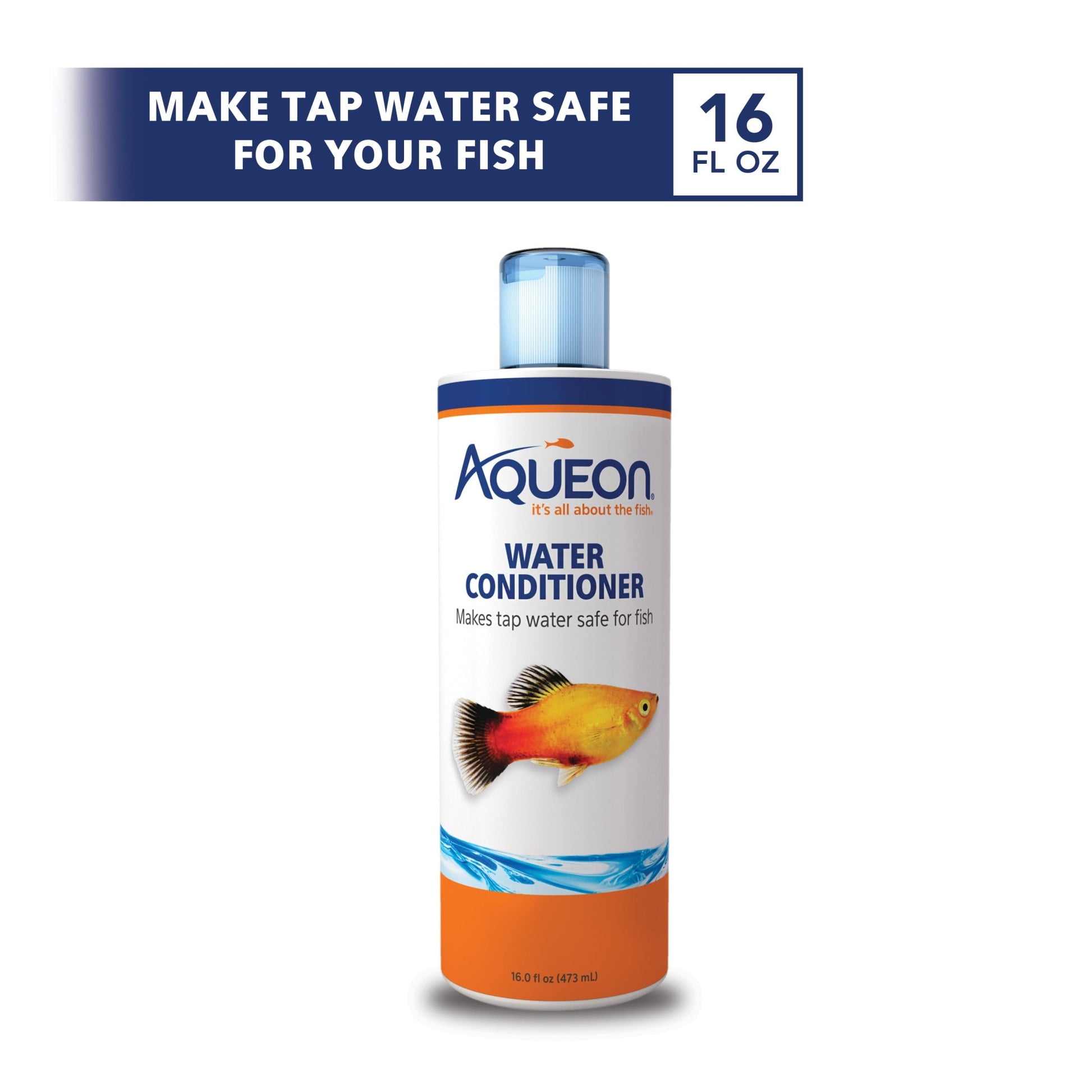 Aqueon water conditioner bottle with fish illustration on a white background
