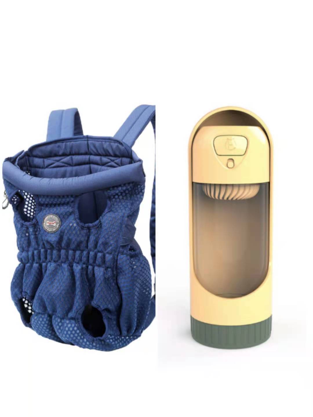 Blue pet carrier and gold and green water bottle on a white background