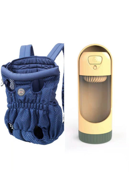 Blue pet carrier and gold and green water bottle on a white background