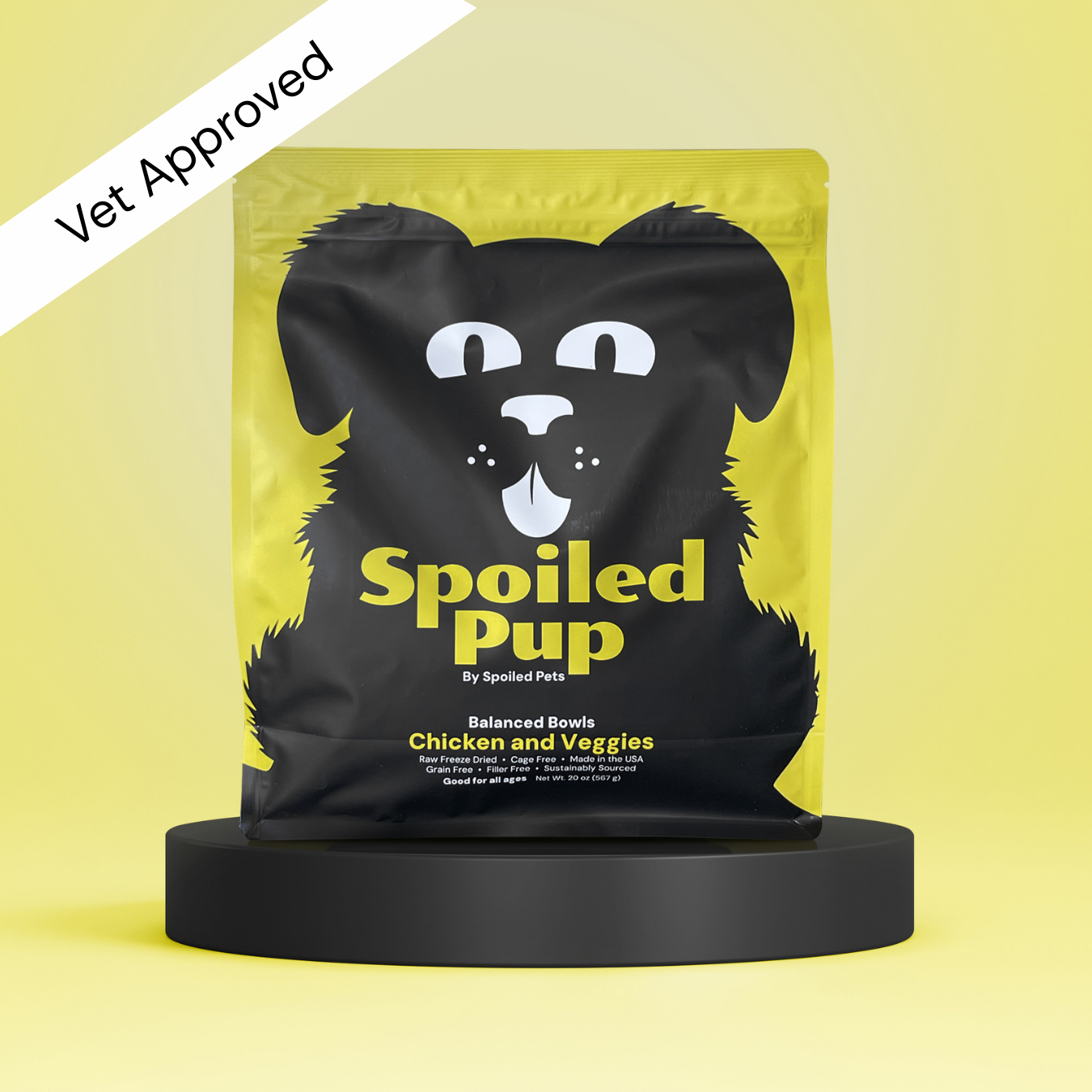 Dog food package labeled 'Spoiled Pup' on a yellow background