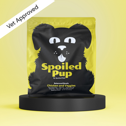 Dog food package labeled 'Spoiled Pup' on a yellow background