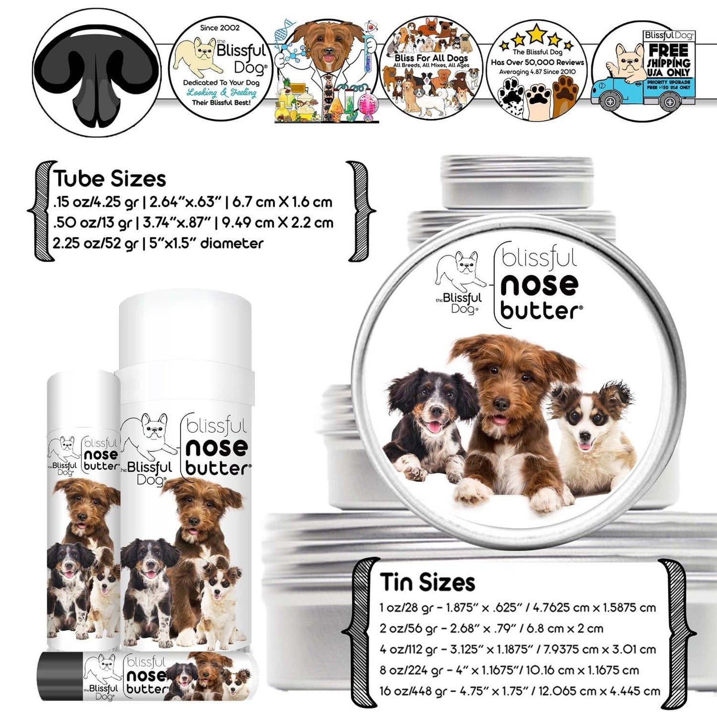 Blissful Dog nose butter packaging with various sizes and product images on a white background.