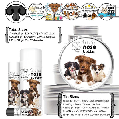 Blissful Dog nose butter packaging with various sizes and product images on a white background.