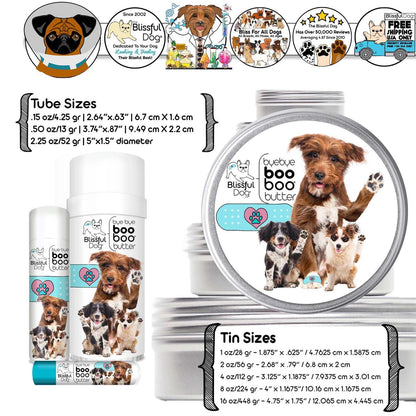 Blissful Dog boo boo butter packaging with product sizes and images of dogs.