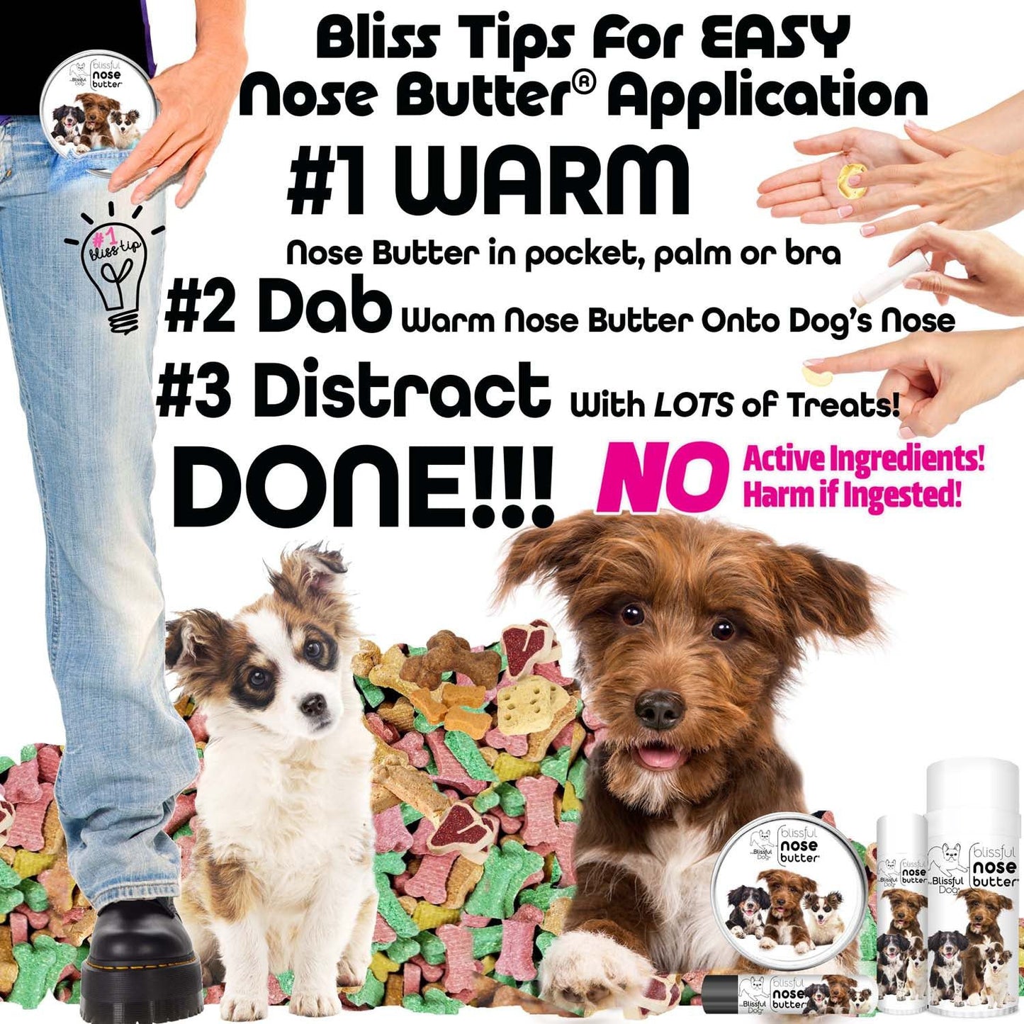 Bliss Tips for Easy Nose Butter Application with dogs and product packaging.
