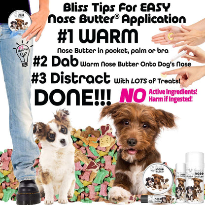 Bliss Tips for Easy Nose Butter Application with dogs and product packaging.