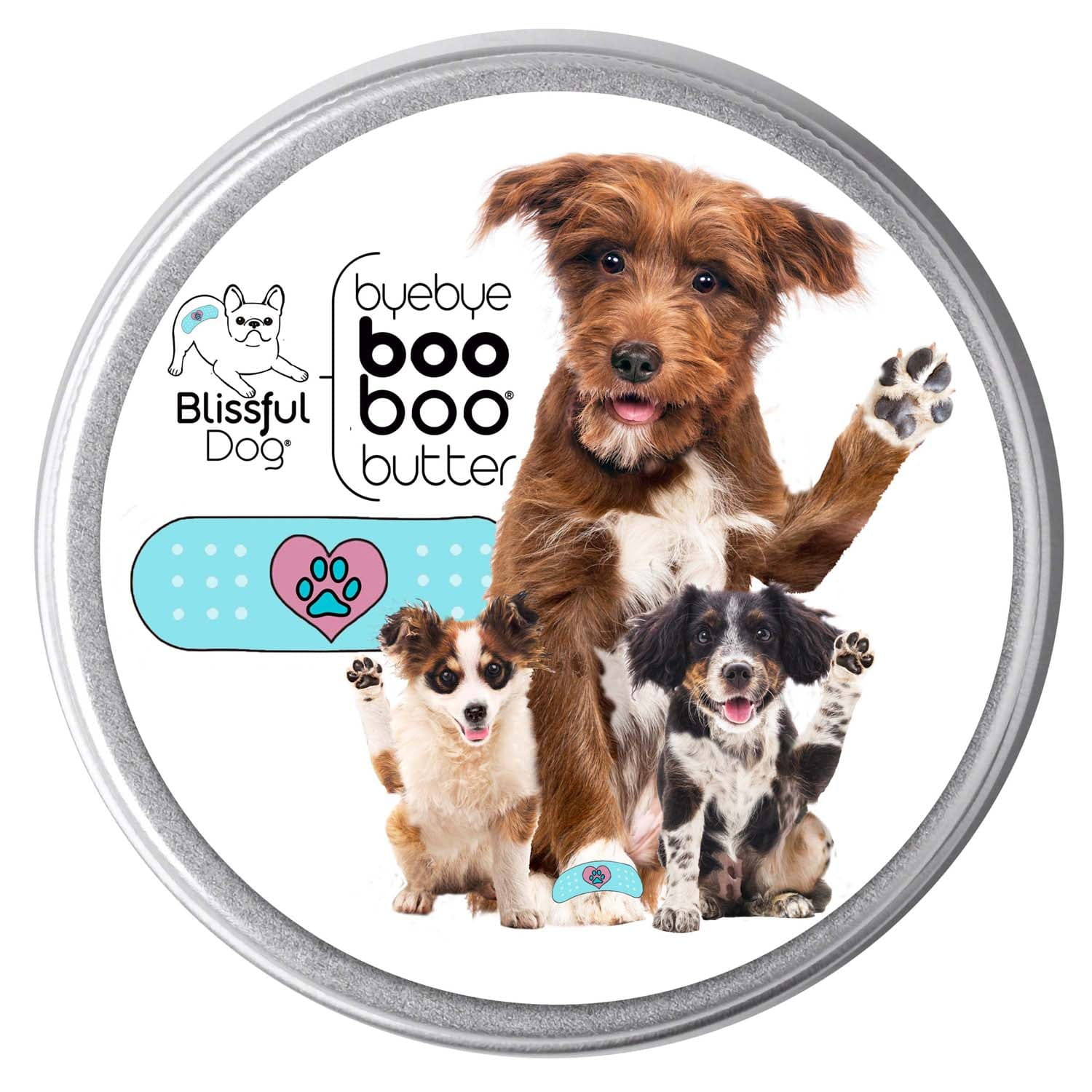 Circular product container with three dogs and 'Blissful Dog' branding.
