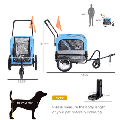 Dog stroller with dimensions and features on a white background